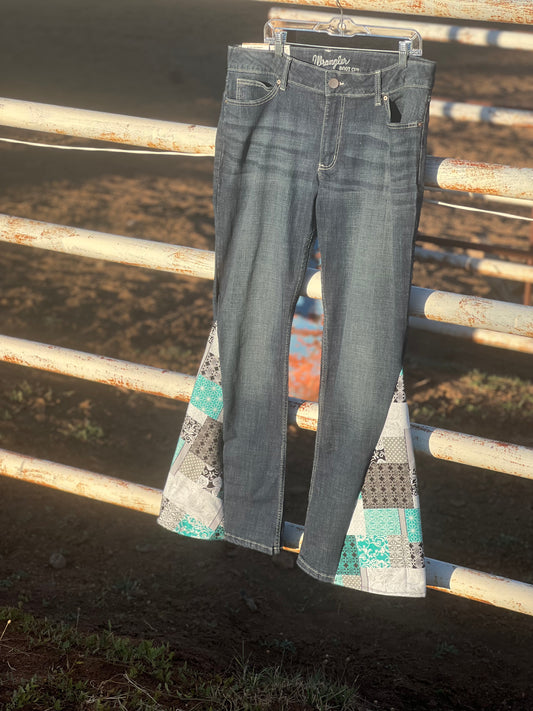 Teal patch work adult flare jeans