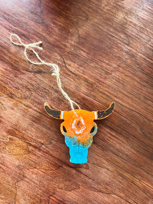 Blue and orange steer skull freshie